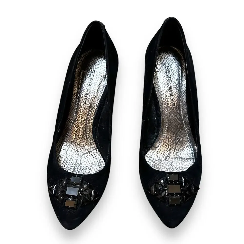 BCBGENERATION Jewel Embellished Wedge Velvet Pumps EUC